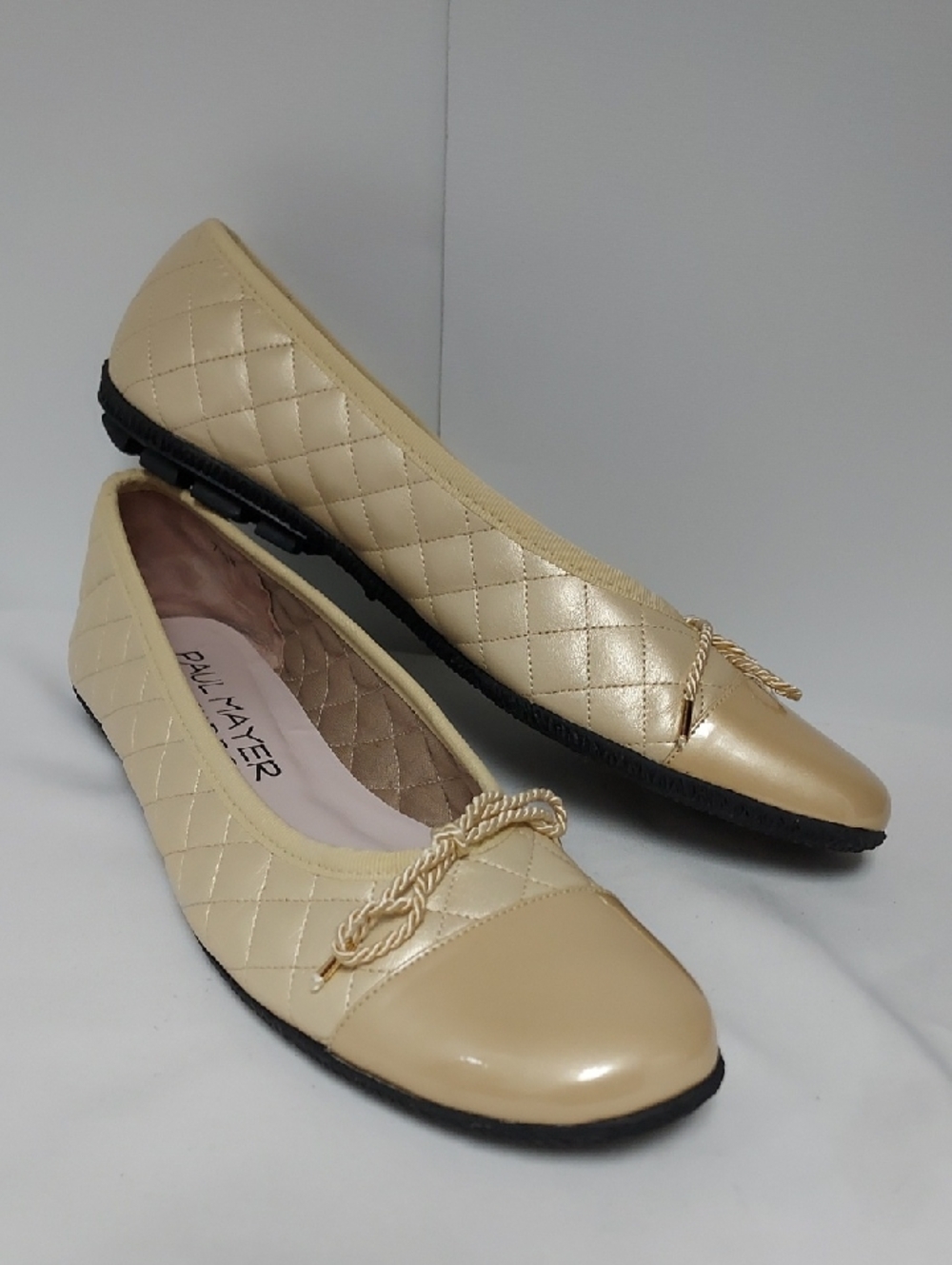 Paul Mayer Quilted Gold Colorway Ballet Flats With Patent Leather Cap And A Bow